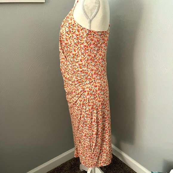 BCBGeneration Floral Spaghetti Strap Side Ruched, Faux Wrap Midi Dress Size 12 - Picture 4 of 5